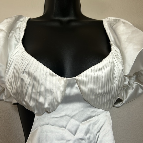 Princess Polly Cindi White Pleated Bust Puff Sleeve Tie Back Satin Mini Dress - Picture 8 of 12